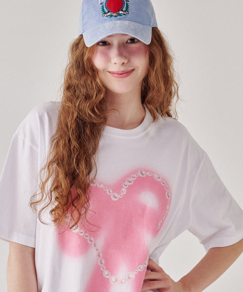 PEARL HEART RIBBON OVER FIT T SHIRT WHITE PINK