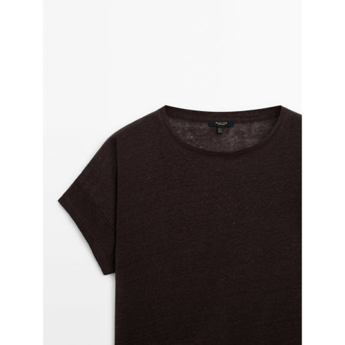 100% 린넨 쇼트 슬리브 크롭 티셔츠