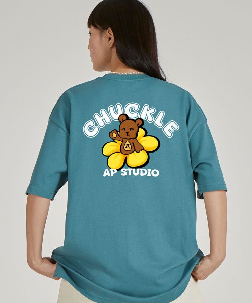 백 처클베어 라운드 넥 15수 면 반팔 티셔츠_블루그린