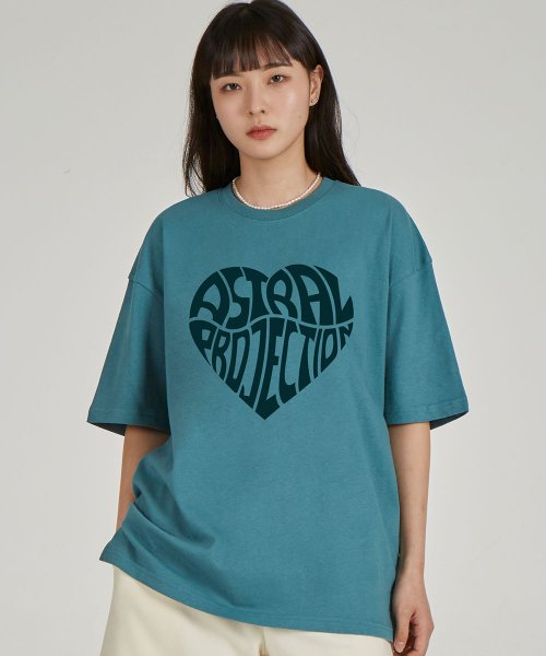 빅 하트 로고 라운드 넥 15수 면 반팔 티셔츠_블루그린