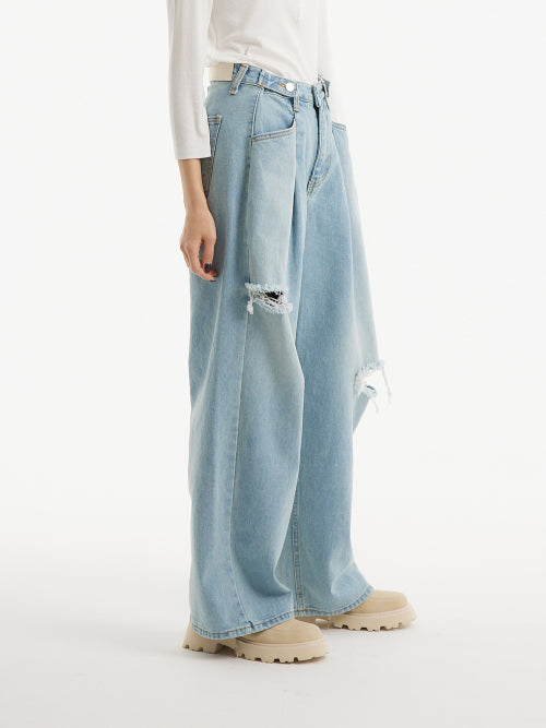 (여름원단추가) 커스텀 원턱 데미지 와이드 데님 팬츠 라이트 블루