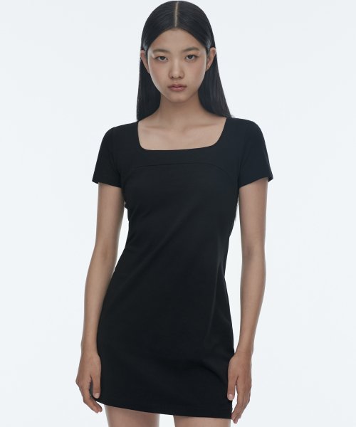 우먼즈 스퀘어 넥 저지 미니 드레스 [블랙]