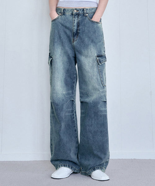 샌디드 카고 와이드 데님 팬츠 [VINTAGE BLUE]
