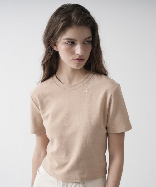 Logo Needlework Slim Crop T-shirt (Beige)