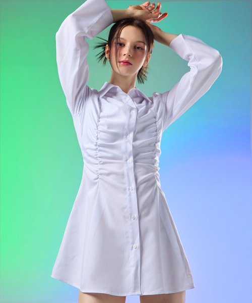 셔링 글램 슬림 긴팔 셔츠 미니 원피스 [WHITE] 스커트 치마 ver.