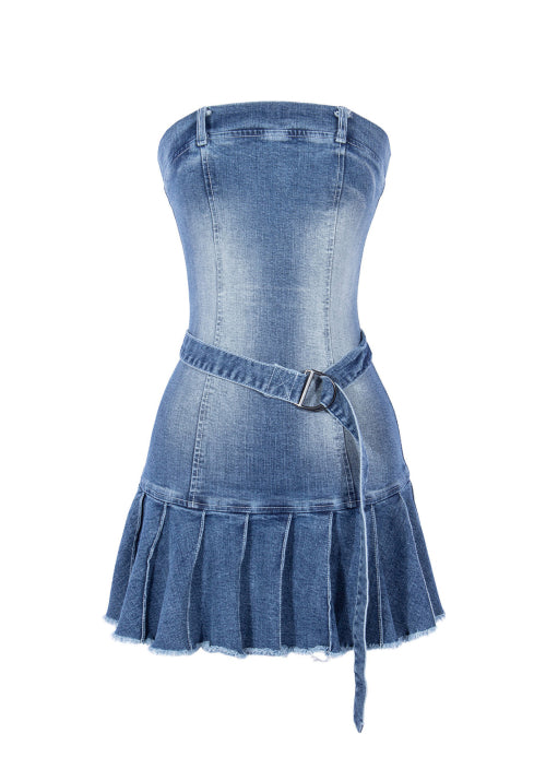 플리츠 워싱 데님 미니 드레스 [블루]