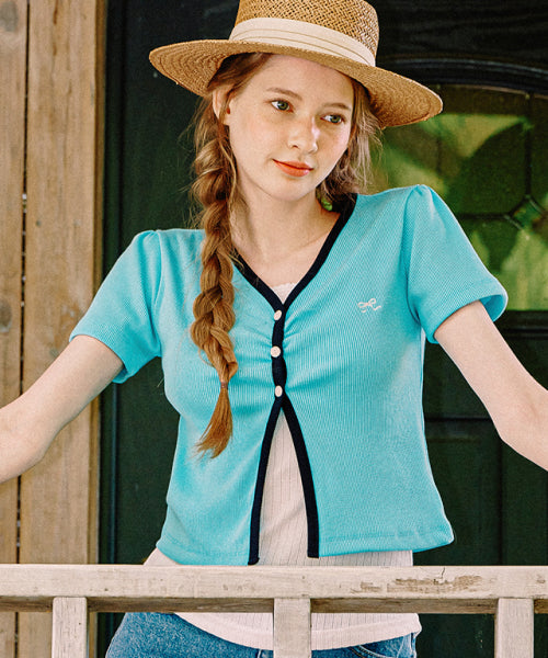 HEART RIBBON 3 BUTTON V NECK SLIM T SHIRT BLUE