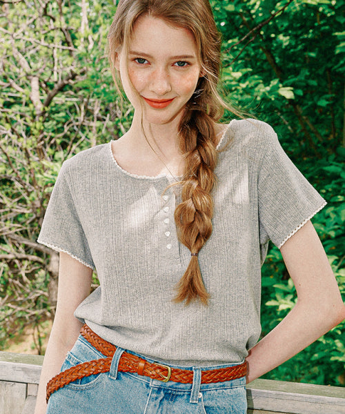 TORCHON LACE HENRYNECK T SHIRT GREY