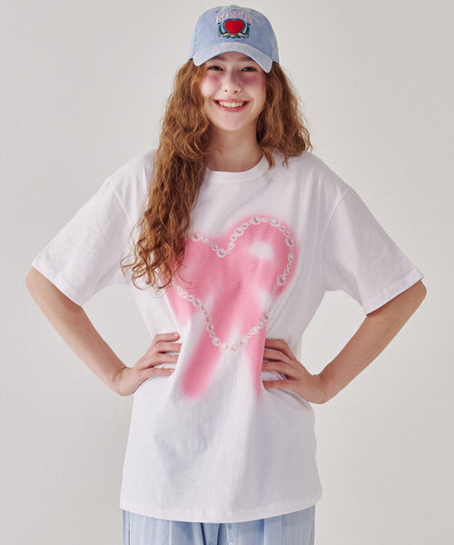 PEARL HEART RIBBON OVER FIT T SHIRT WHITE PINK