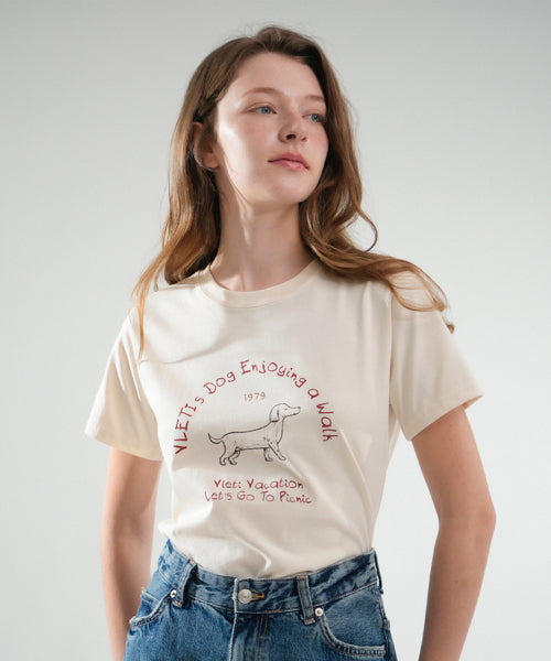 Dog Lettering Art Work Printing T-shirt (Ivory)