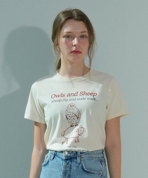 Owl & Sheep Art Work Printing T-shirt (Light_beige)
