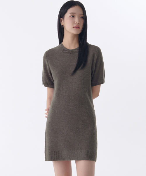 우먼즈 크루 넥 니트 미니 드레스 [카키 브라운]
