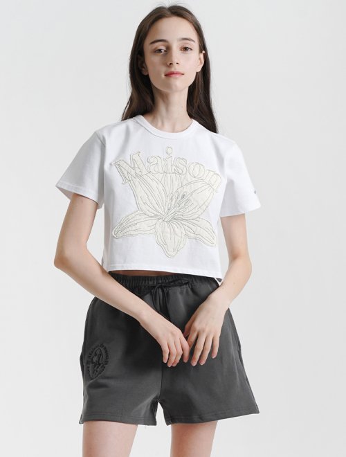 우먼즈 르 리스 자수 싱글 크롭티 화이트크림(FCC2TS429W)