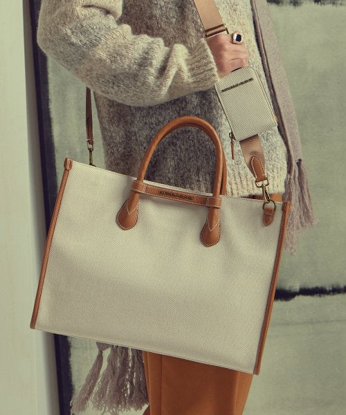 투톤 캔버스 레더 브릿지 토트백 _ 브라운 아이보리