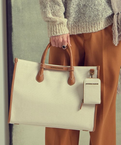 투톤 캔버스 레더 브릿지 토트백 _ 브라운 아이보리