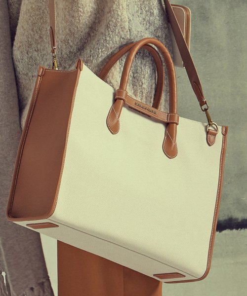 투톤 캔버스 레더 브릿지 토트백 _ 브라운 아이보리