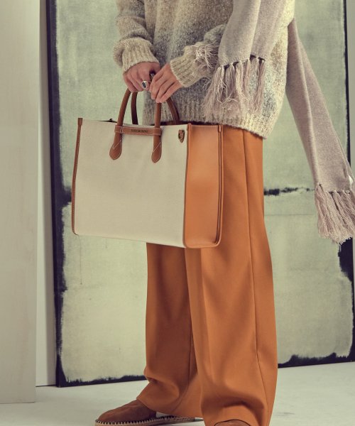 투톤 캔버스 레더 브릿지 토트백 _ 브라운 아이보리