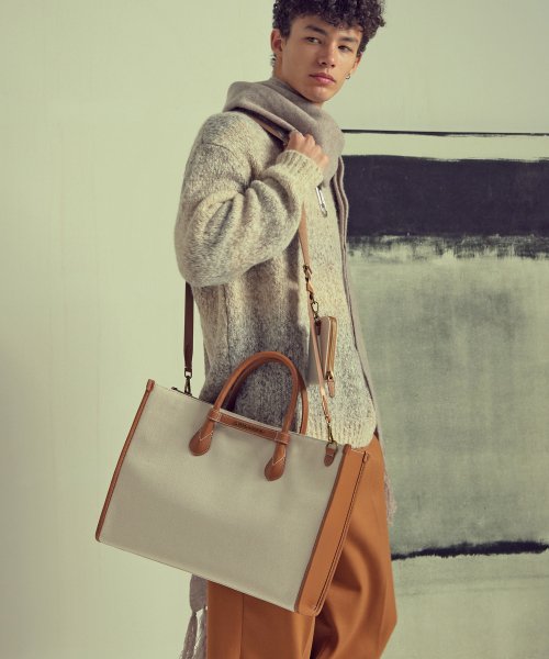 투톤 캔버스 레더 브릿지 토트백 _ 브라운 아이보리