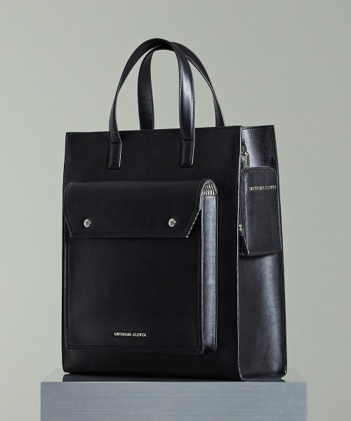 톱스티치 레더 포켓 토트백 _ 블랙