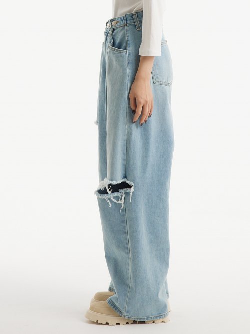 (여름원단추가) 커스텀 원턱 데미지 와이드 데님 팬츠 라이트 블루