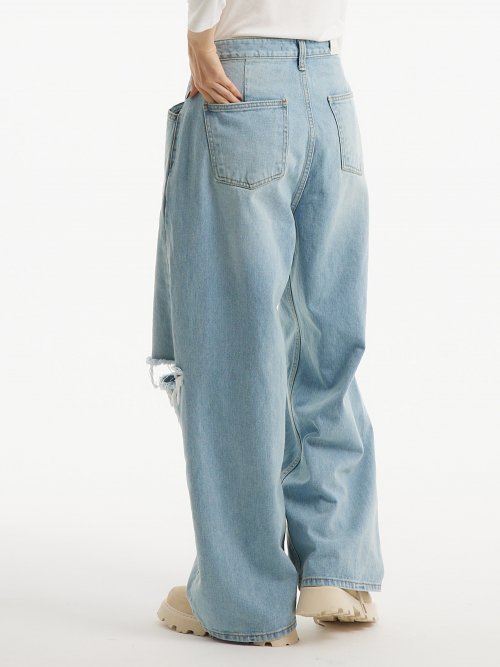 (여름원단추가) 커스텀 원턱 데미지 와이드 데님 팬츠 라이트 블루