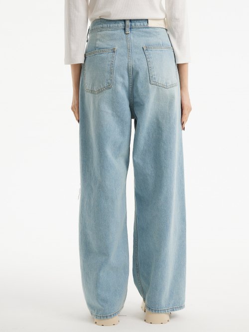 (여름원단추가) 커스텀 원턱 데미지 와이드 데님 팬츠 라이트 블루