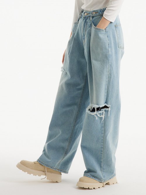 (여름원단추가) 커스텀 원턱 데미지 와이드 데님 팬츠 라이트 블루