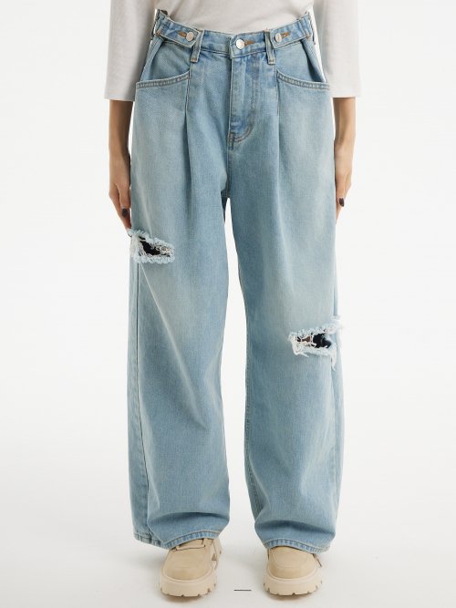 (여름원단추가) 커스텀 원턱 데미지 와이드 데님 팬츠 라이트 블루