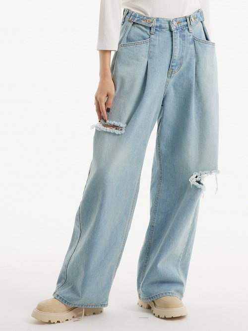 (여름원단추가) 커스텀 원턱 데미지 와이드 데님 팬츠 라이트 블루