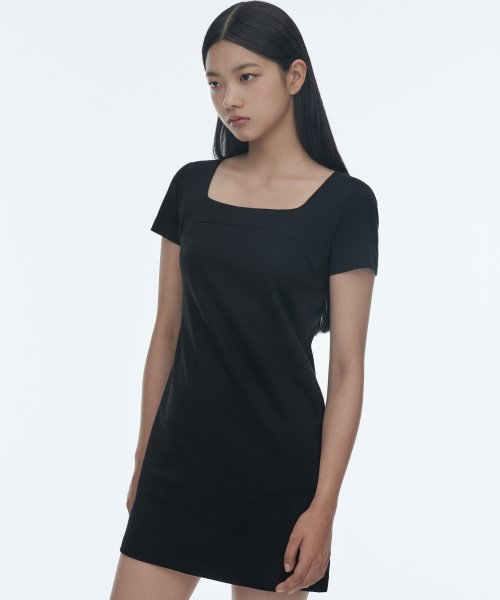 우먼즈 스퀘어 넥 저지 미니 드레스 [블랙]