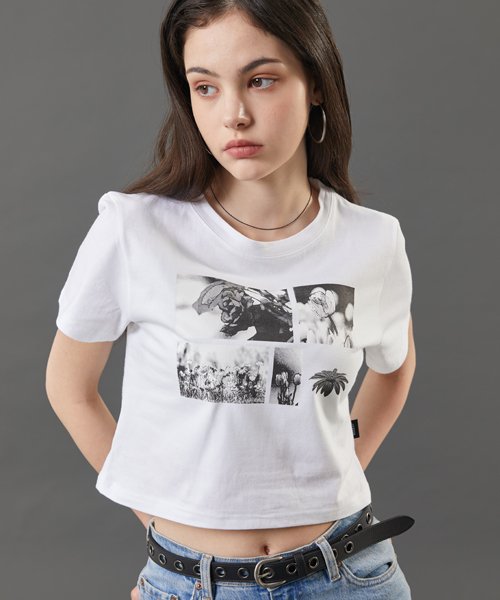 WOMEN 크롭 흑백 플라워 그래픽 반팔티 [WHITE]