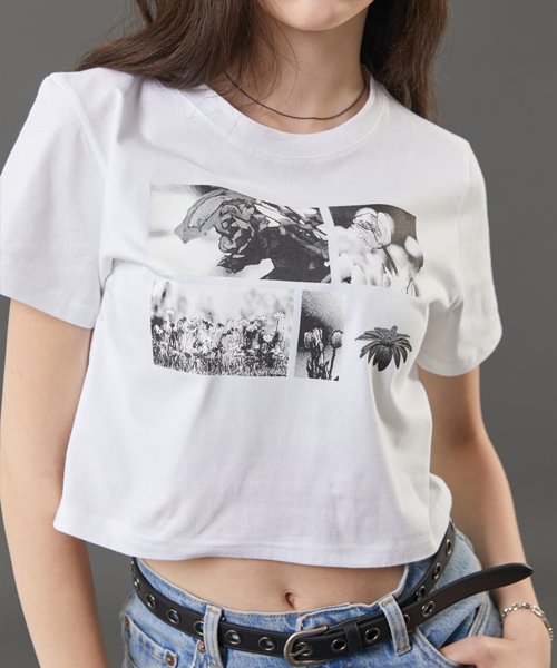 WOMEN 크롭 흑백 플라워 그래픽 반팔티 [WHITE]