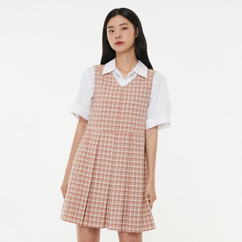브이넥 민소매 체크 원피스 AP2WO56F