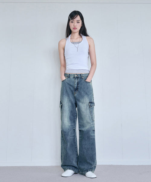 샌디드 카고 와이드 데님 팬츠 [VINTAGE BLUE]