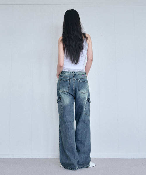 샌디드 카고 와이드 데님 팬츠 [VINTAGE BLUE]