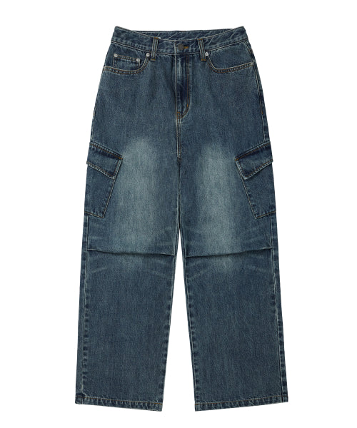 샌디드 카고 와이드 데님 팬츠 [VINTAGE BLUE]