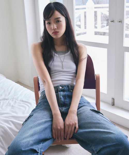 샌디드 카고 와이드 데님 팬츠 [VINTAGE BLUE]