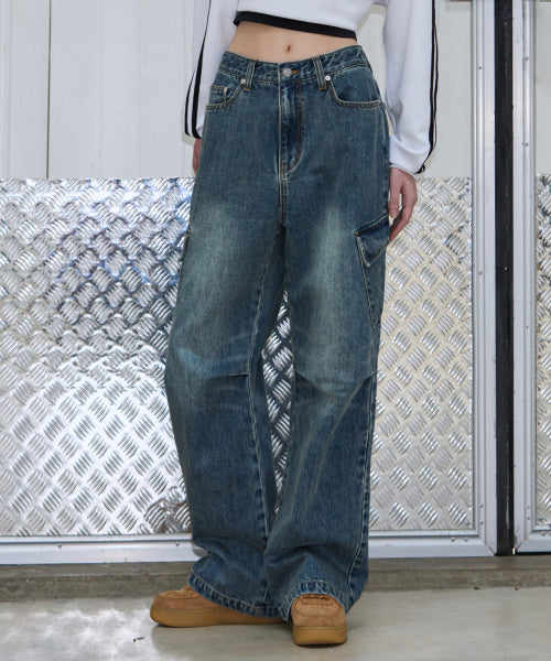 샌디드 카고 와이드 데님 팬츠 [VINTAGE BLUE]