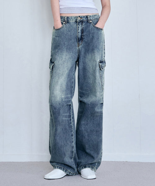 샌디드 카고 와이드 데님 팬츠 [VINTAGE BLUE]