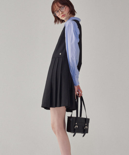 LOGO PLEATS LAYERED DRESS BLACK