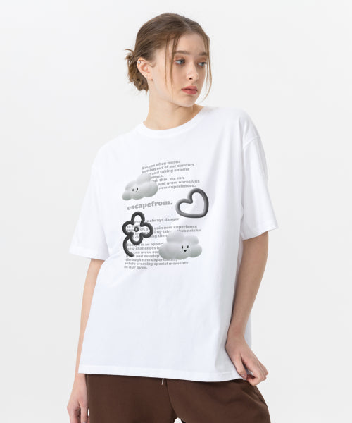 모노 3D 클라우드 프린트 오버핏 반팔티 화이트