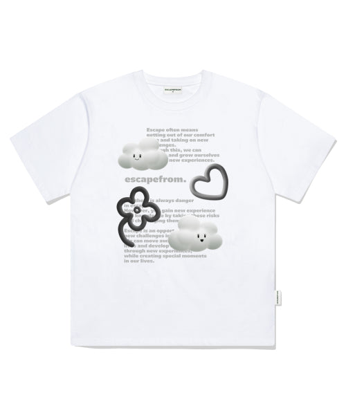 모노 3D 클라우드 프린트 오버핏 반팔티 화이트