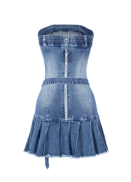 플리츠 워싱 데님 미니 드레스 [블루]