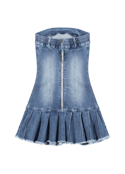 플리츠 워싱 데님 미니 드레스 [블루]