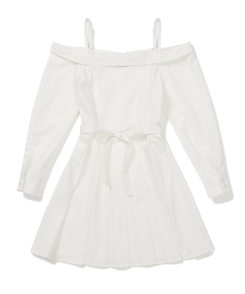 오프숄더 하프 플리츠 셔츠 원피스 [WHTIE]