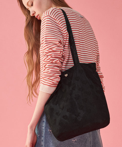 HEART PATTERN MESH TOTE BAG BLACK