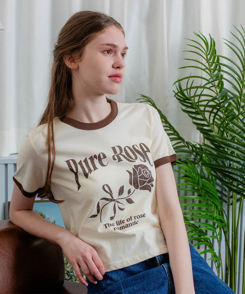 Pure Rose Semi-Crop Ringer Short Sleeve T-Shirt GT-358