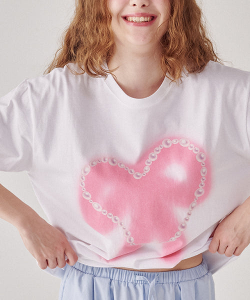 PEARL HEART RIBBON OVER FIT T SHIRT WHITE PINK