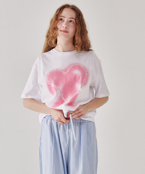 PEARL HEART RIBBON OVER FIT T SHIRT WHITE PINK