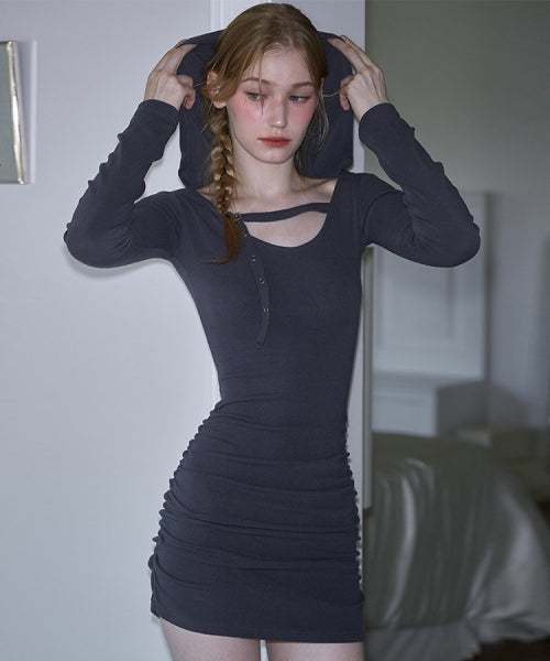 Eyelet Hood Shirring Mini Dress [Charcoal]